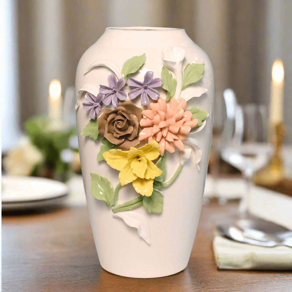 Decorative vase with floral designs on a table setting