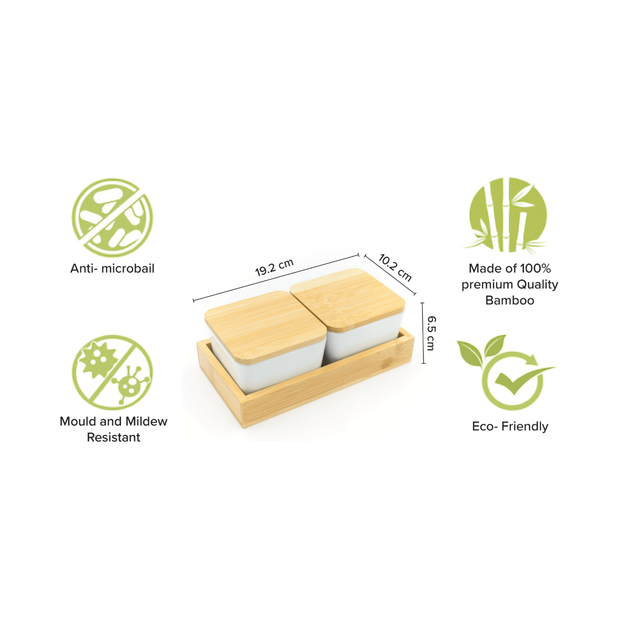 Bamboo soap dish with soap bars and features on a white background
