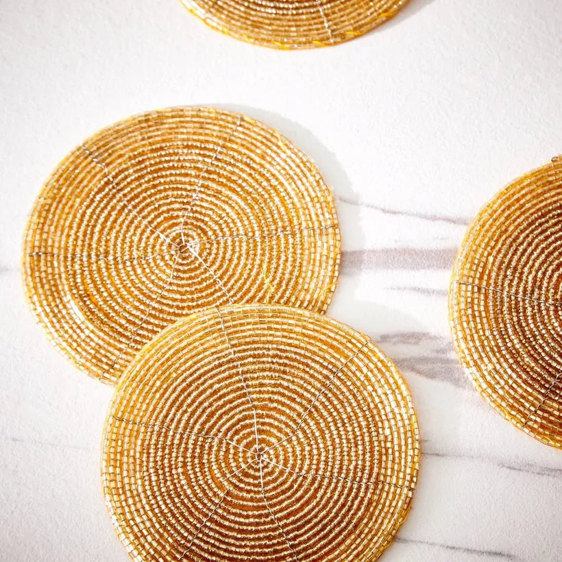 Dazzling Gold Beaded Round Coasters (Set of 4)