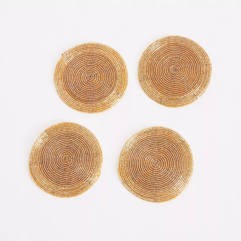 Dazzling Gold Beaded Round Coasters (Set of 4)