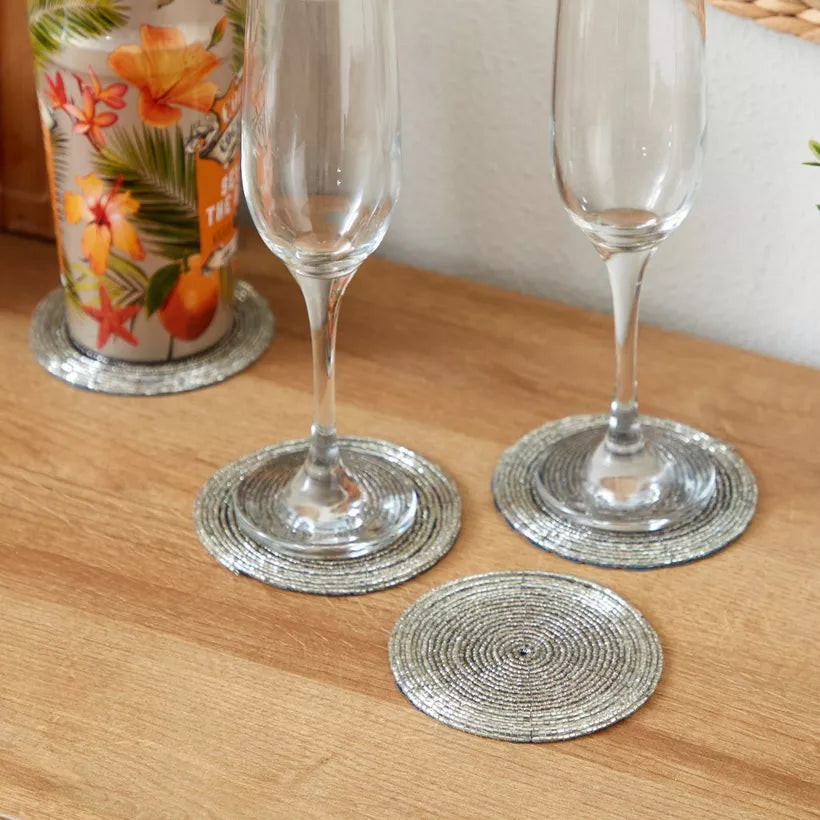 Sparkling Silver Beaded Round Coasters (Set of 4)