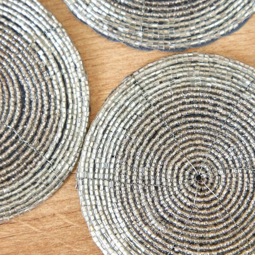 Sparkling Silver Beaded Round Coasters (Set of 4)
