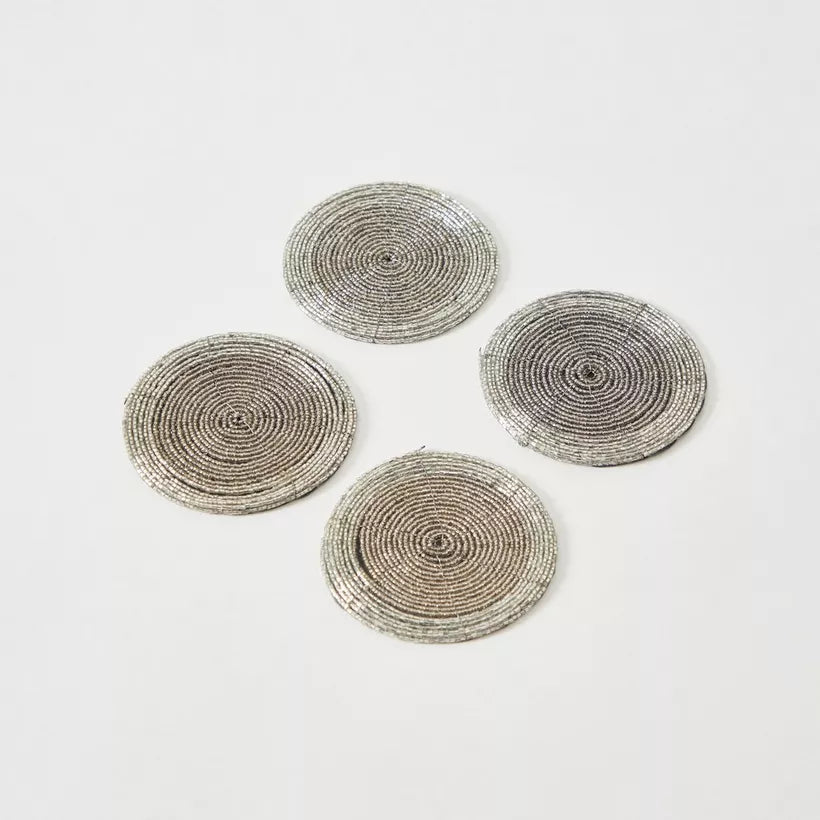 Sparkling Silver Beaded Round Coasters (Set of 4)