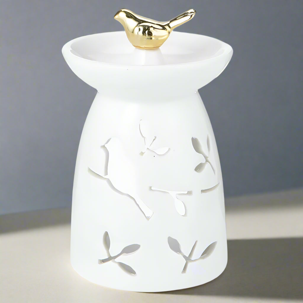 Elegant White Ceramic Bird & Leaf Oil Burner – Serene Aroma Diffuser with Gold Accent
