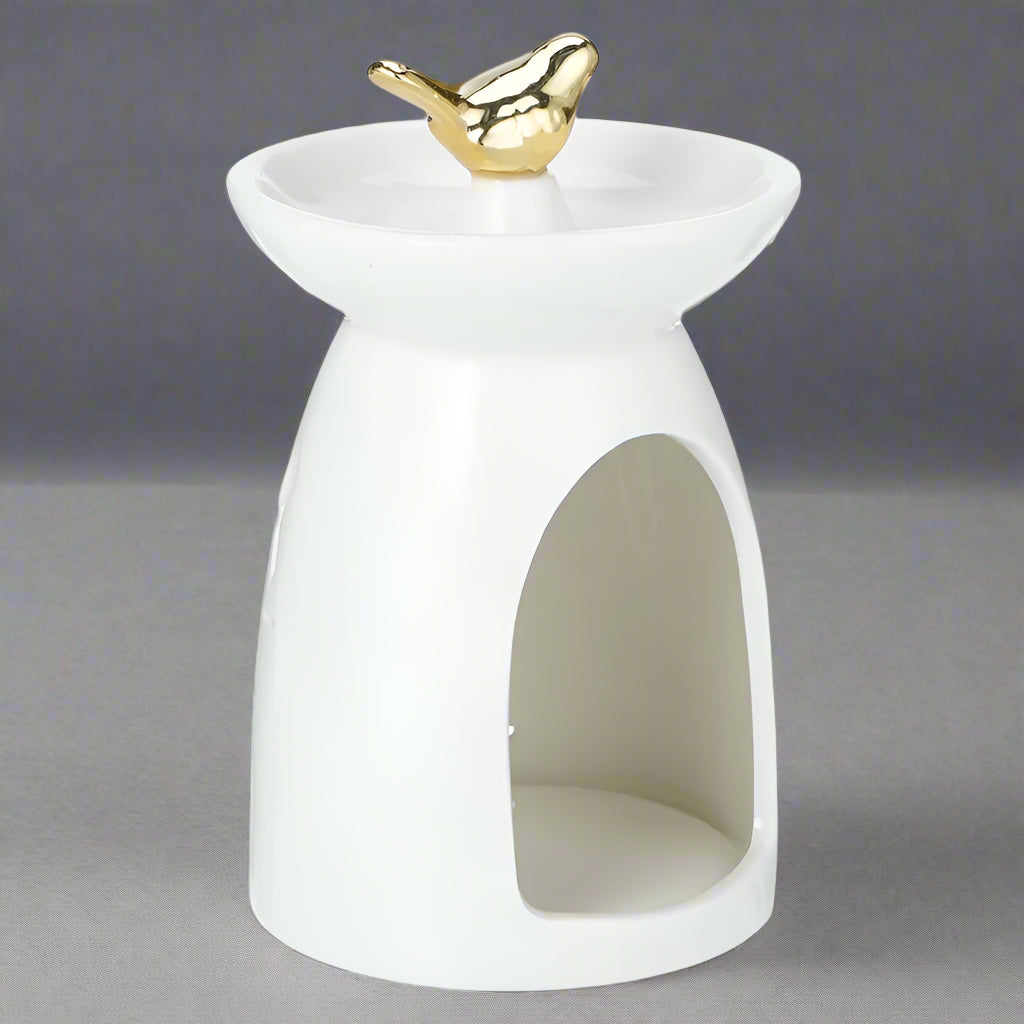 Elegant White Ceramic Bird & Leaf Oil Burner – Serene Aroma Diffuser with Gold Accent