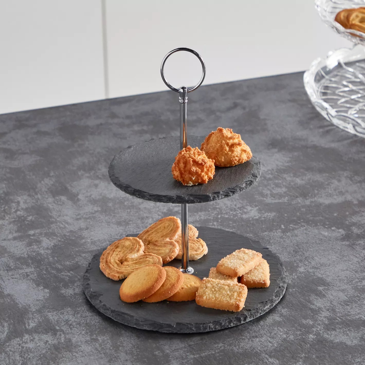 Rustic Chic Two-Tier Slate Dessert & Serving Stand with Silver Handle