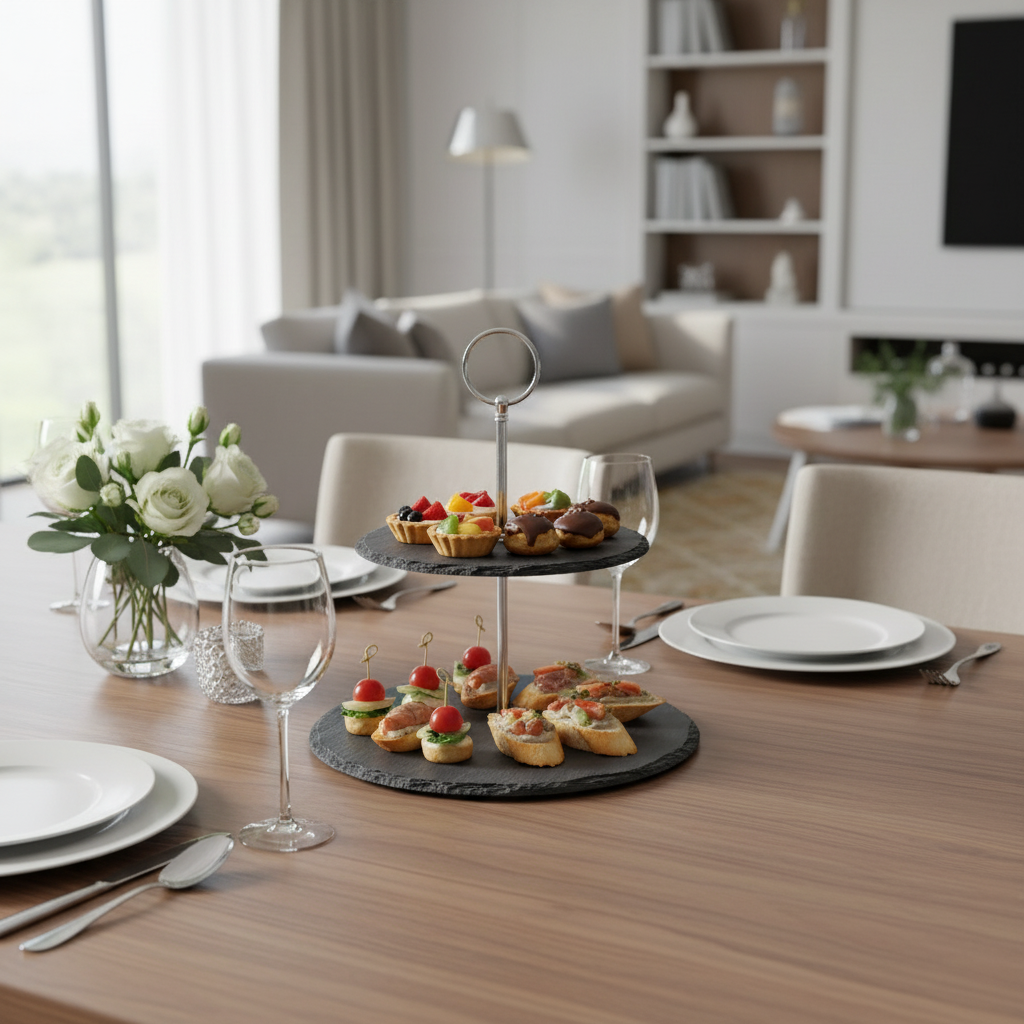 Dining table set with appetizers, wine glasses, and flowers in a modern living room.