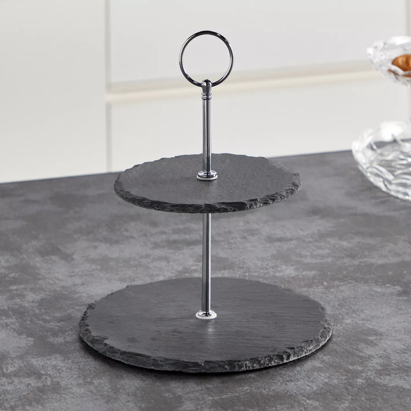 Rustic Chic Two-Tier Slate Dessert & Serving Stand with Silver Handle