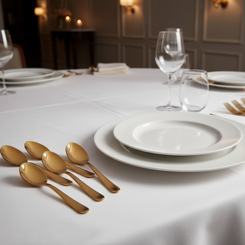 Dining table setting with gold flatware, white plates, and glasses.