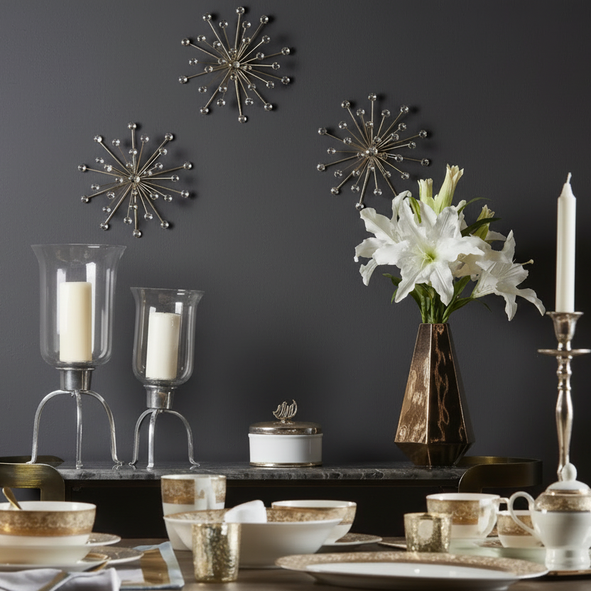 Decorative setting with candles, flowers, and tableware against a dark wall.