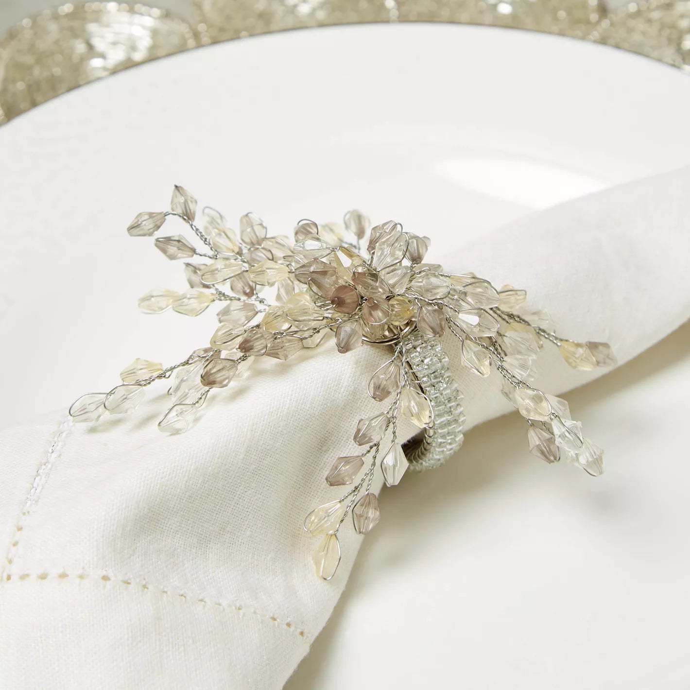 Elegant Beaded Floral Napkin Ring - Set of 4