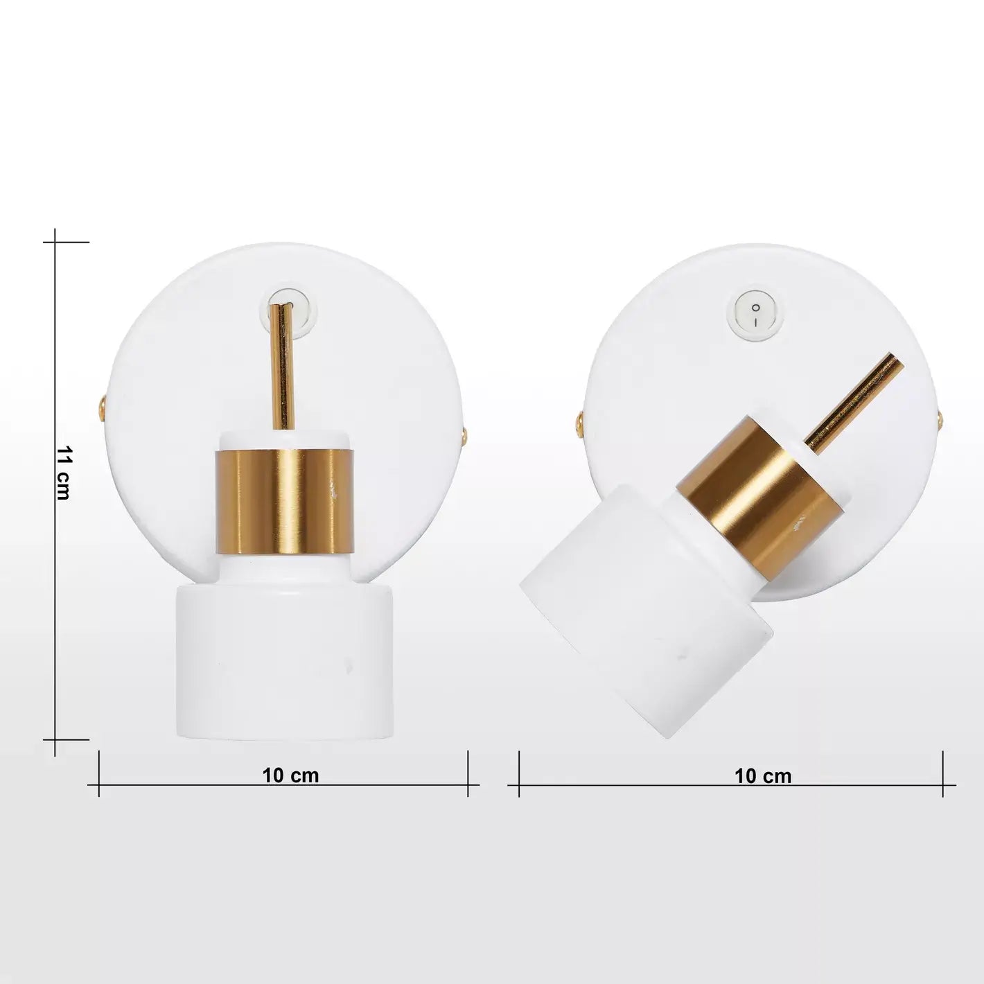 White wall sconces with gold accents and dimensions on a white background