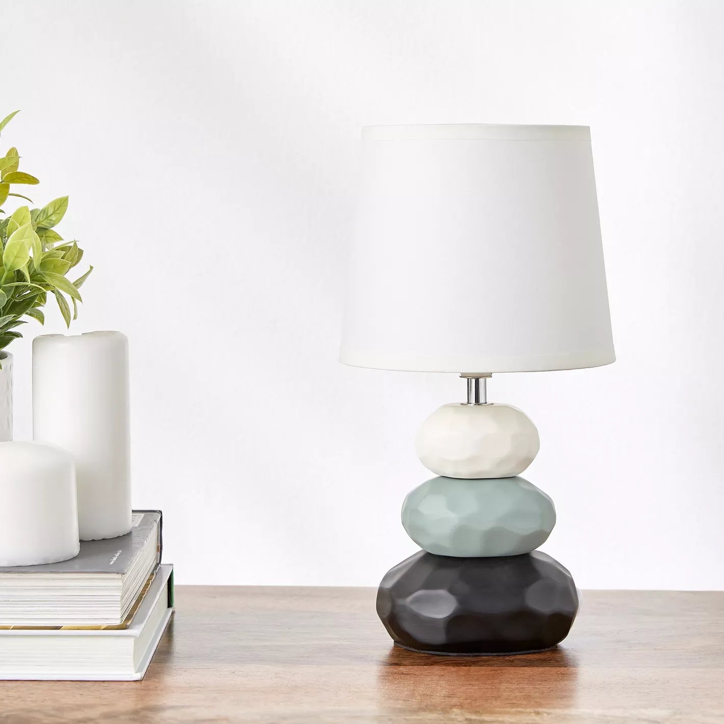 Organic Modern Pebble Stack Ceramic Table Lamp with White Shade - 30 cm