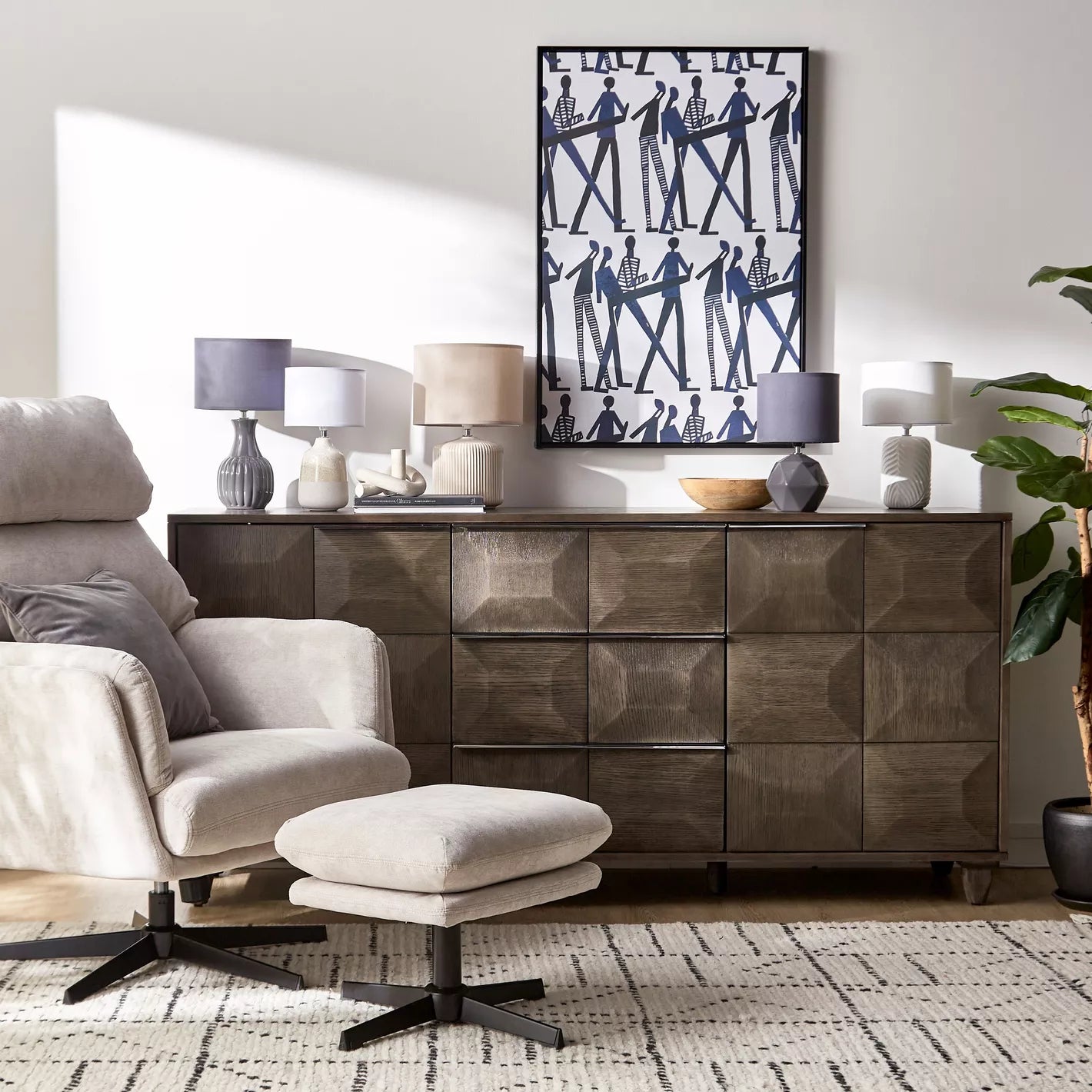 Geometric Faceted Ceramic Table Lamp with Grey Fabric Shade - 30 cm