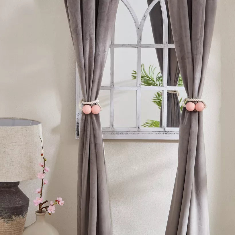 Boho Beaded Rope Curtain Tie-Backs - Velvet & Window Mirror Accent - Set of 2