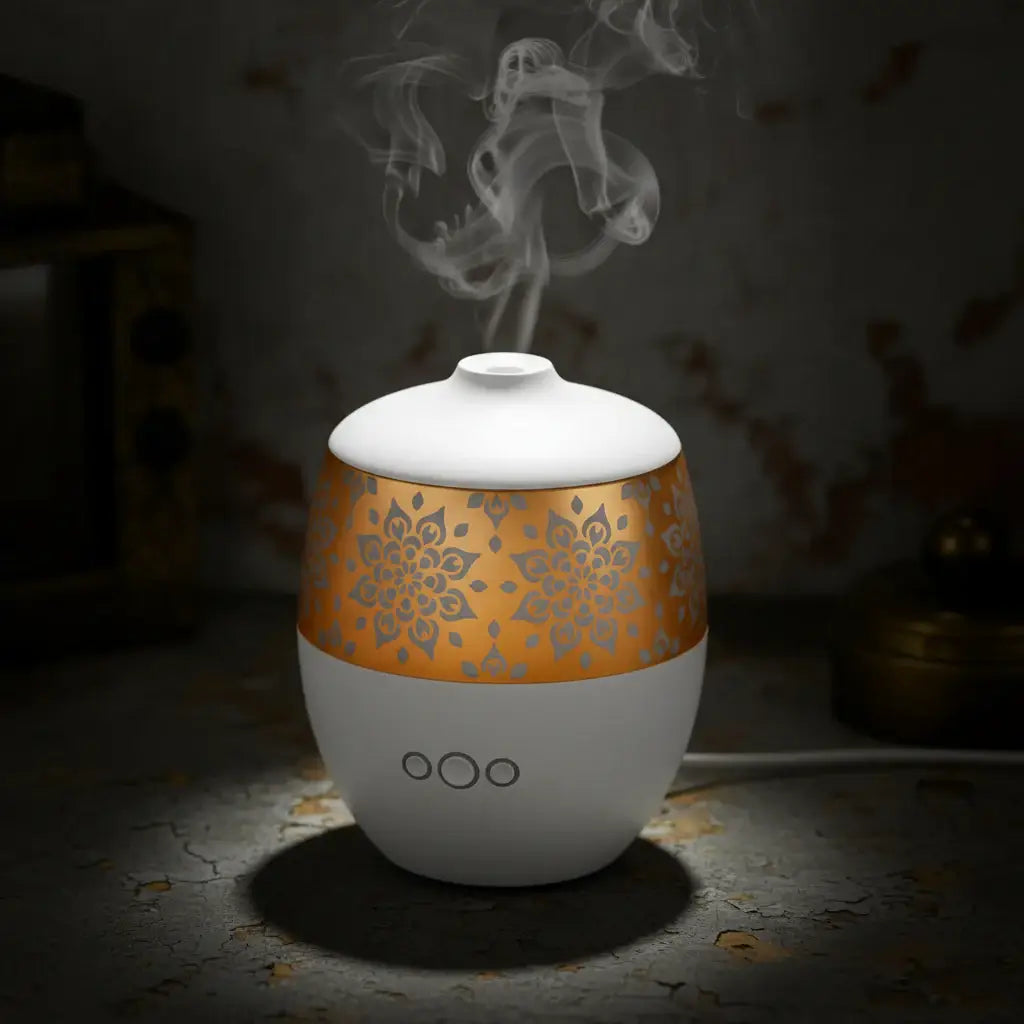Decorative diffuser with gold patterns on a dark background