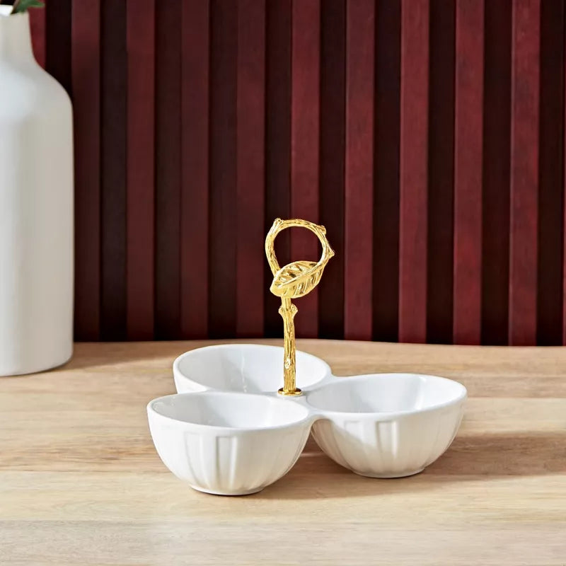 Golden Leaf Ceramic Trio Serving Dish/3-Partition Bowl