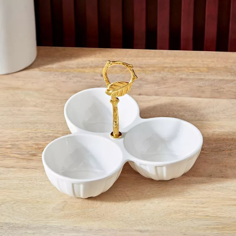 Golden Leaf Ceramic Trio Serving Dish/3-Partition Bowl