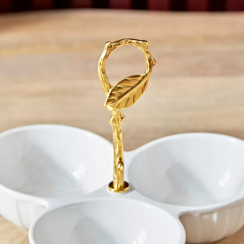 Golden Leaf Ceramic Trio Serving Dish/3-Partition Bowl