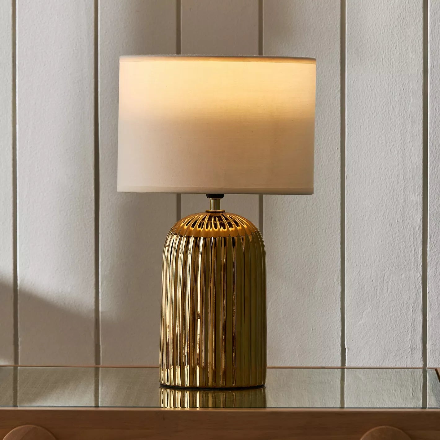 Modern Gold Ribbed Textured Table Lamp with Rectangular Fabric Shade - 38 cm