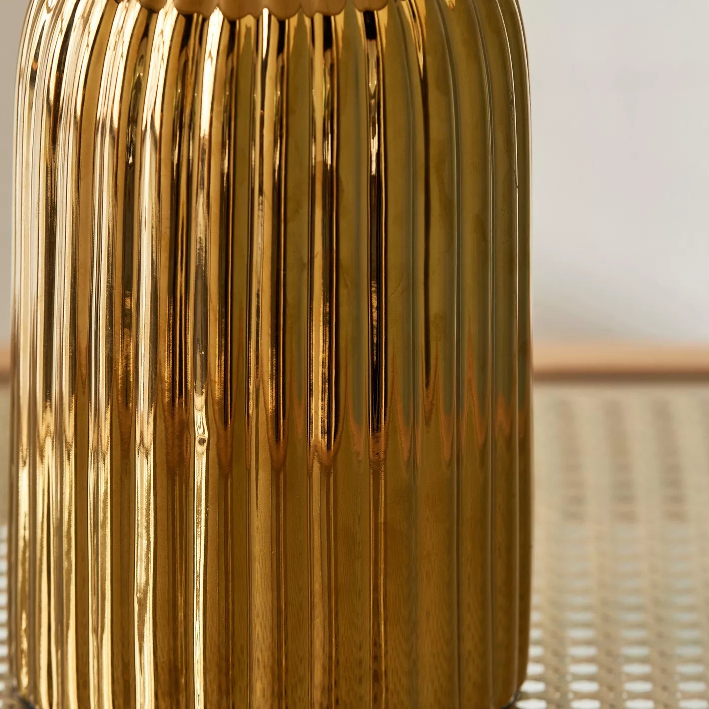 Modern Gold Ribbed Textured Table Lamp with Rectangular Fabric Shade - 38 cm