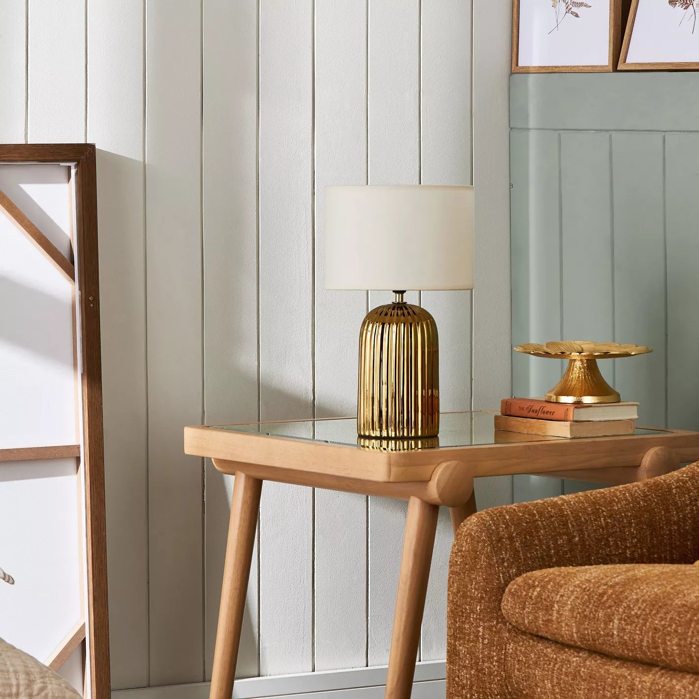 Modern Gold Ribbed Textured Table Lamp with Rectangular Fabric Shade - 38 cm