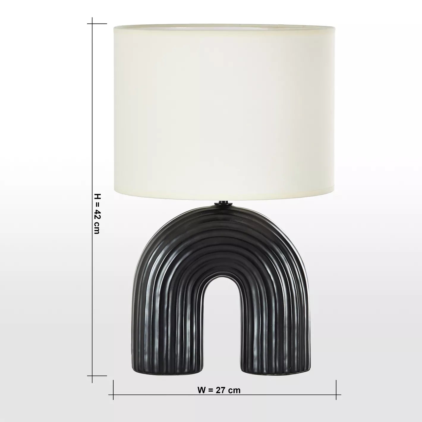 Modern Black Arch Ceramic Table Lamp with Ribbed Detail and Off-White Shade - 42 cm