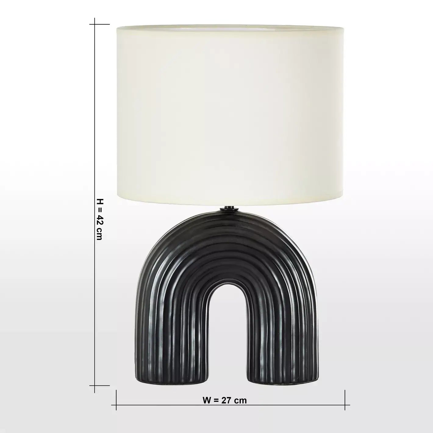 Modern Black Arch Ceramic Table Lamp with Ribbed Detail and Off-White Shade - 42 cm