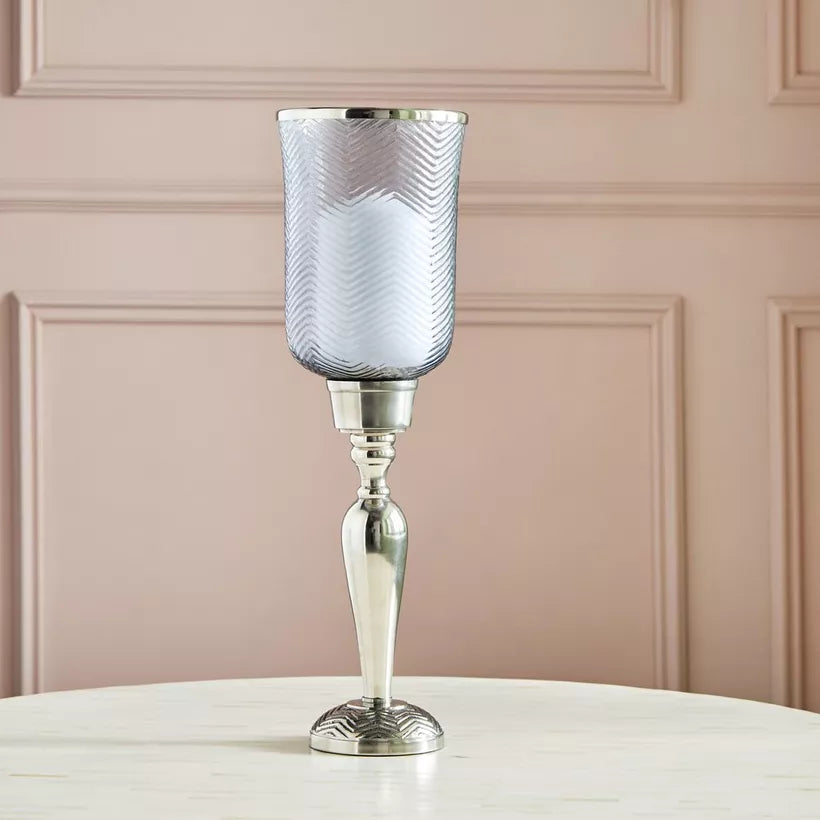 Elegant Silver Pedestal Candle Holder with Textured Glass Hurricane & Nickel Metal Base (Large)