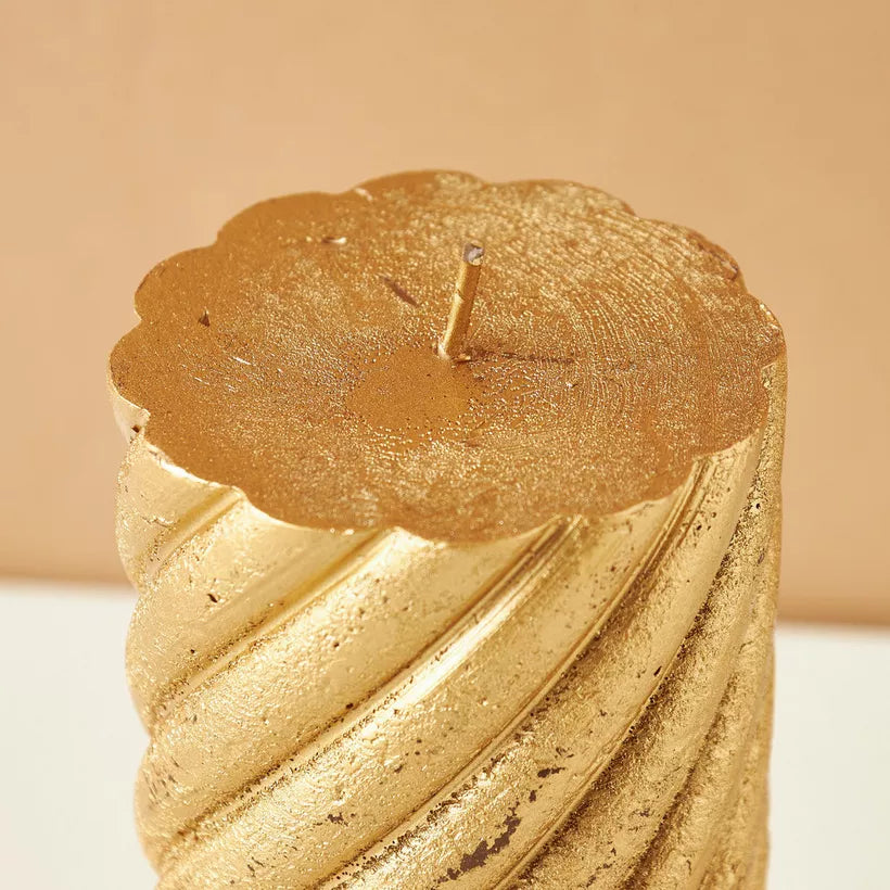 Luxurious Gold Spiral Pillar Candle – Decorative Textured Accent