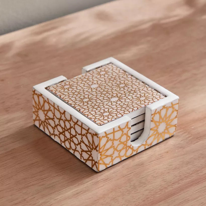 Moroccan Gold Geometric Coaster Set with Holder - 4-Piece Coaster Set