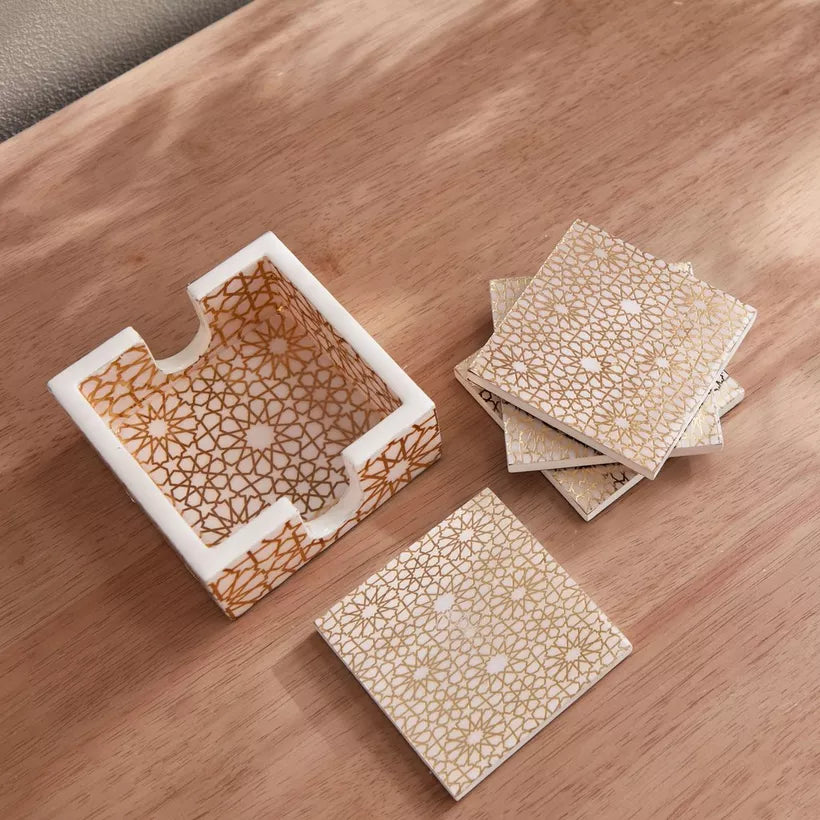 Moroccan Gold Geometric Coaster Set with Holder - 4-Piece Coaster Set