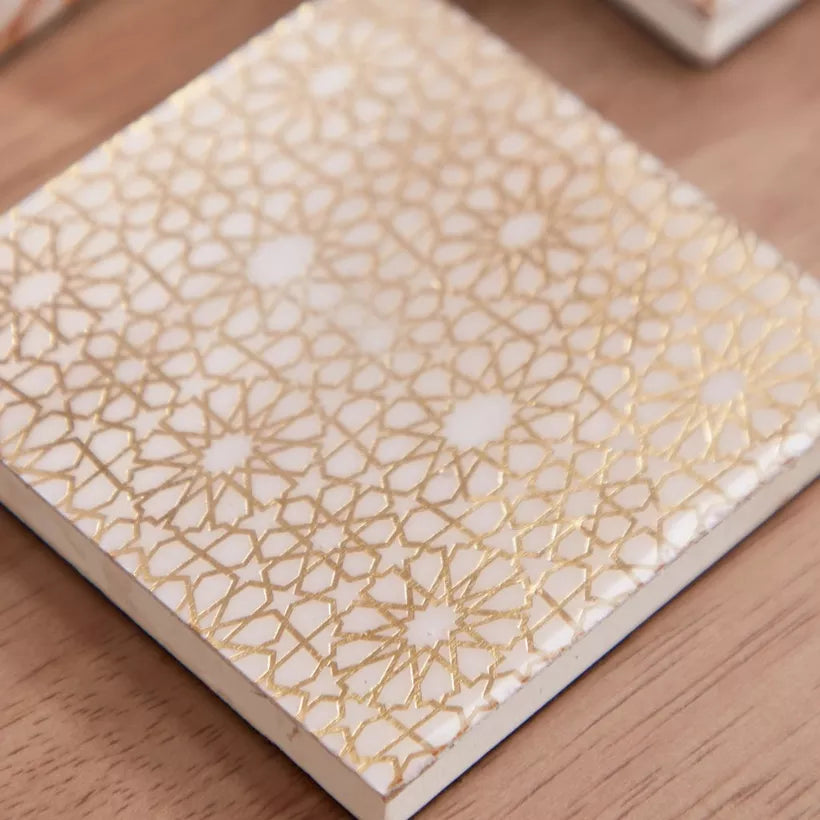 Moroccan Gold Geometric Coaster Set with Holder - 4-Piece Coaster Set