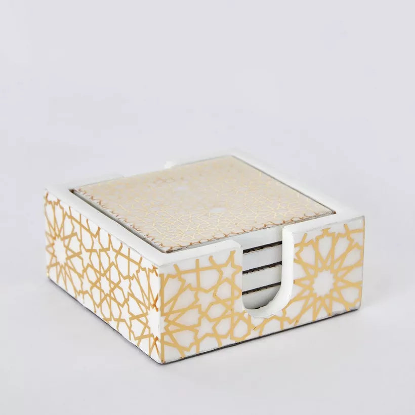 Moroccan Gold Geometric Coaster Set with Holder - 4-Piece Coaster Set