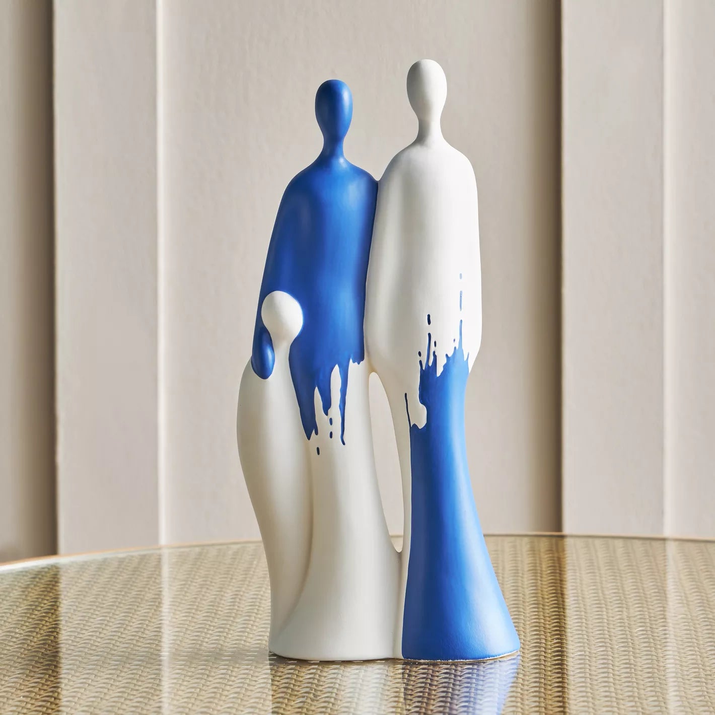 Modern Abstract Duo Figurine with Blue and White Drip Art