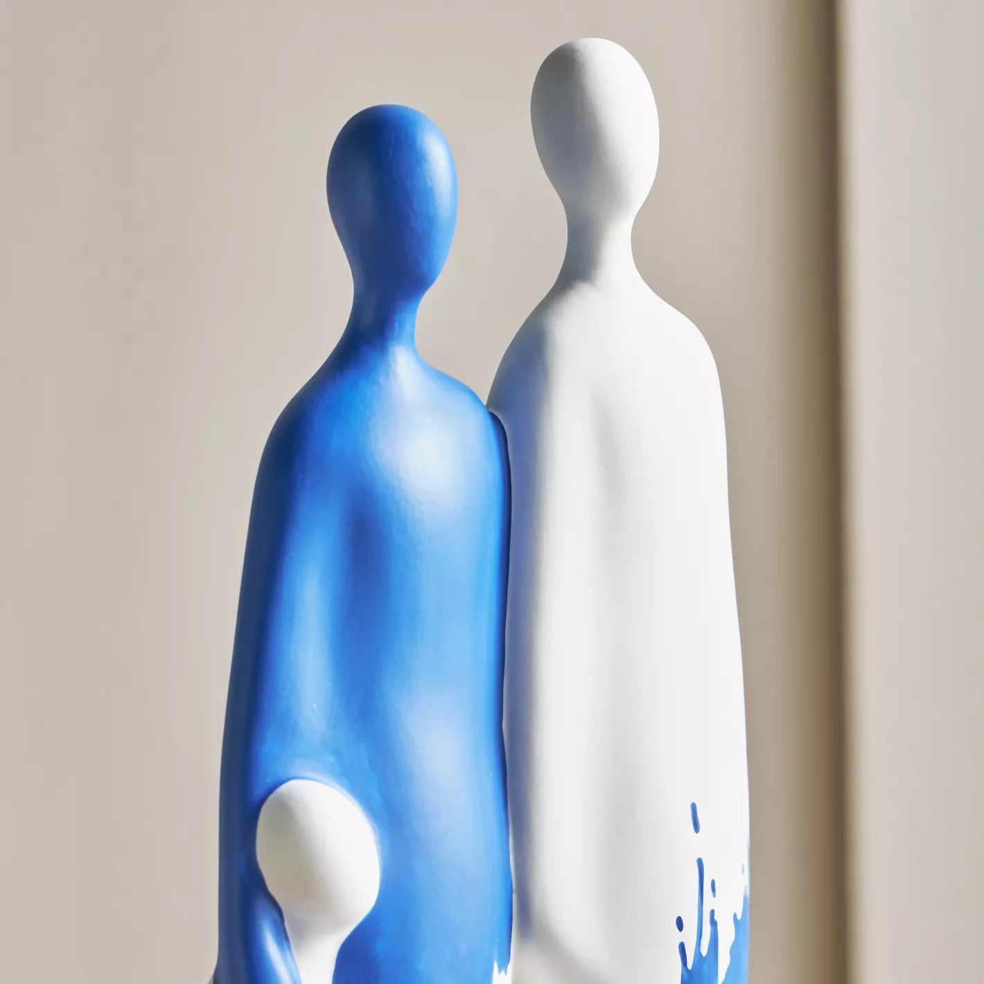 Modern Abstract Duo Figurine with Blue and White Drip Art