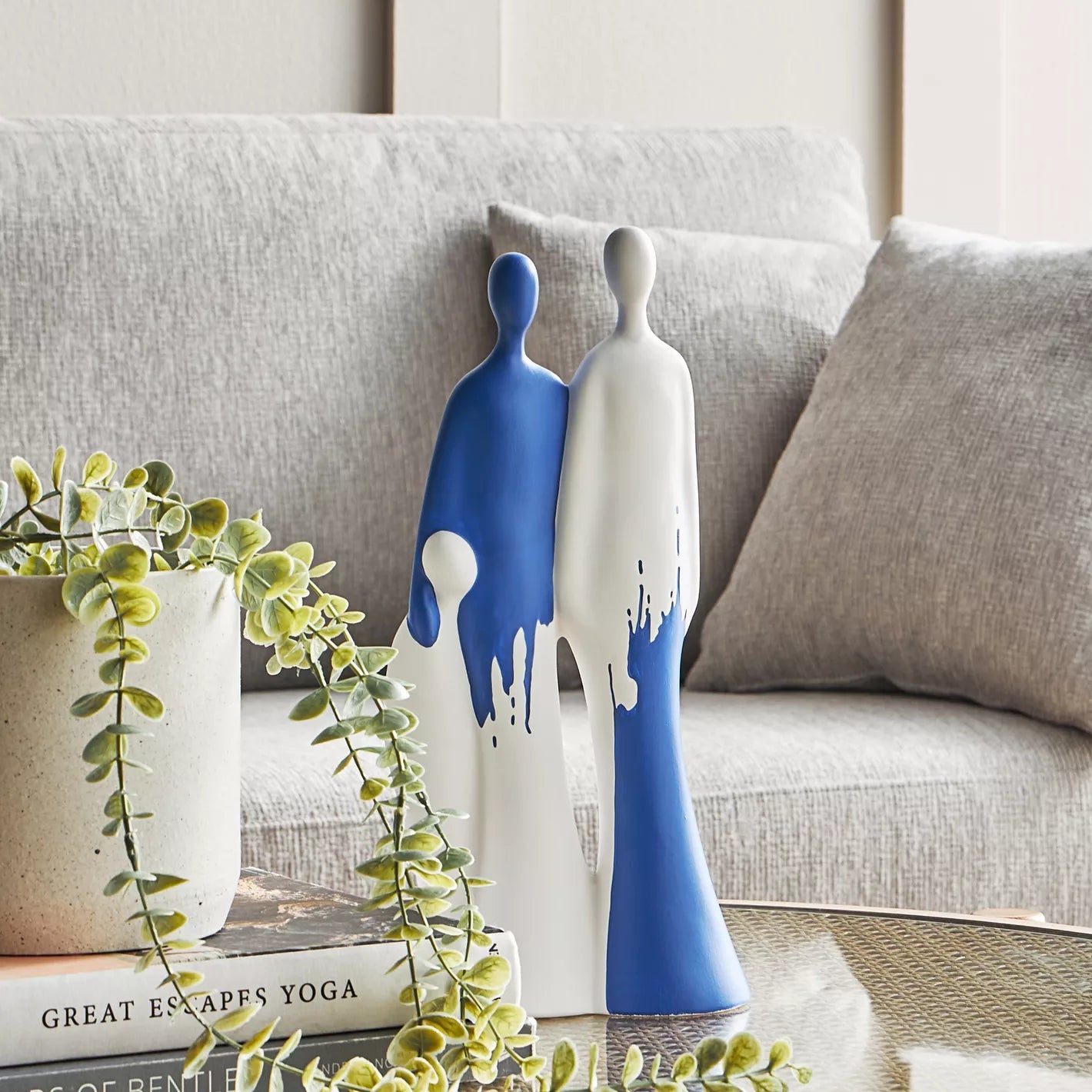 Modern Abstract Duo Figurine with Blue and White Drip Art