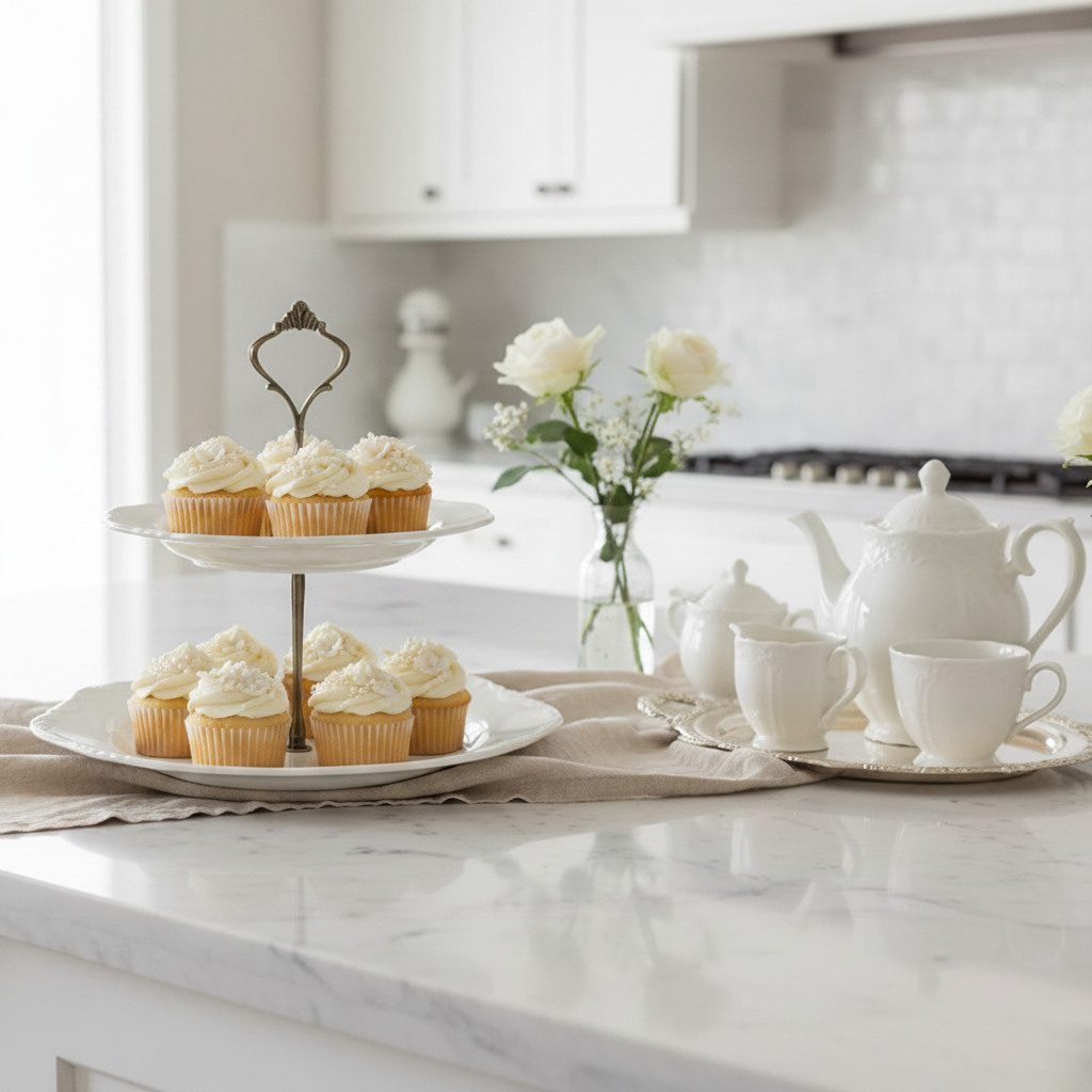 White ceramic cake stand on a marble countertop