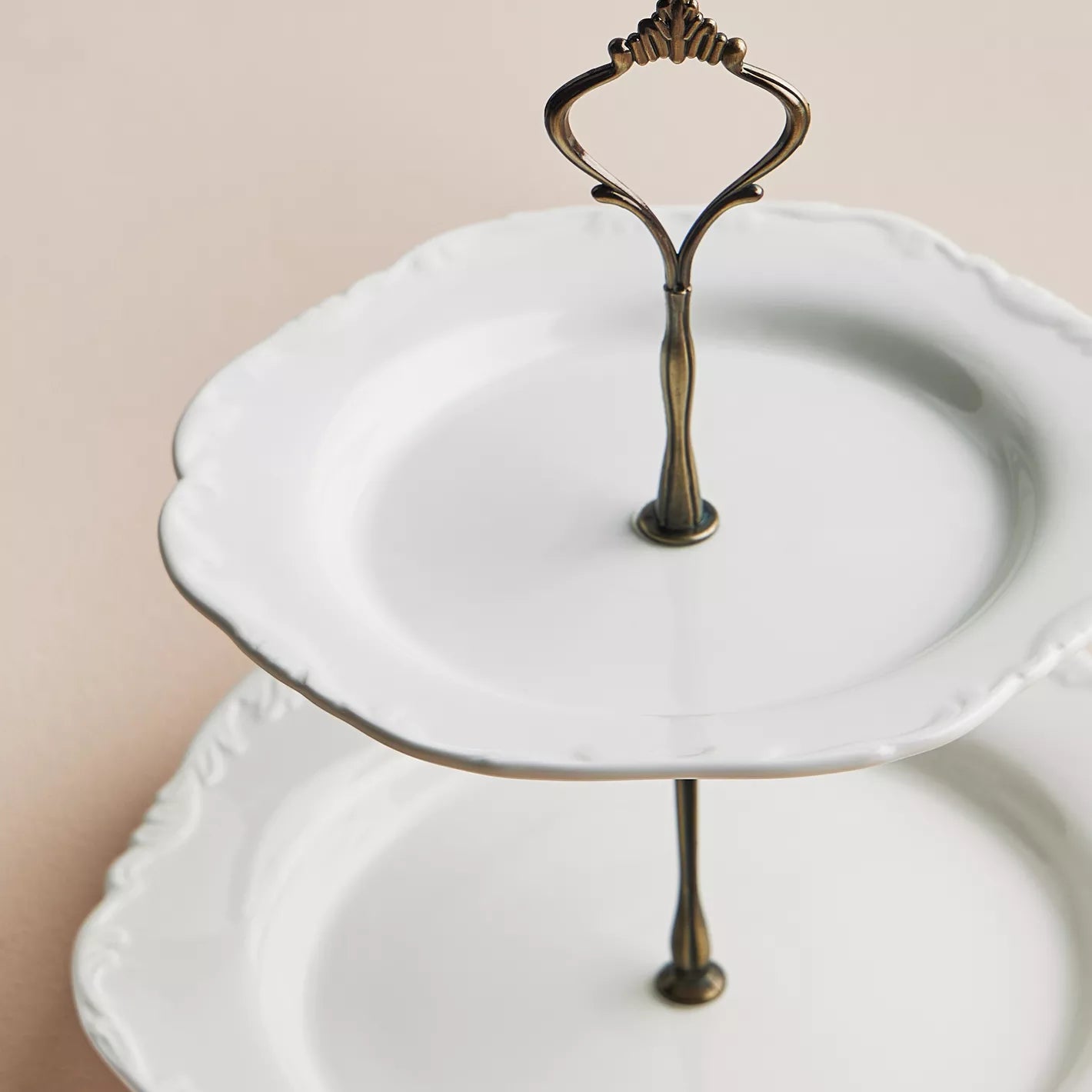 Classic White Porcelain Two-Tier Dessert Stand with Antique Bronze Handle