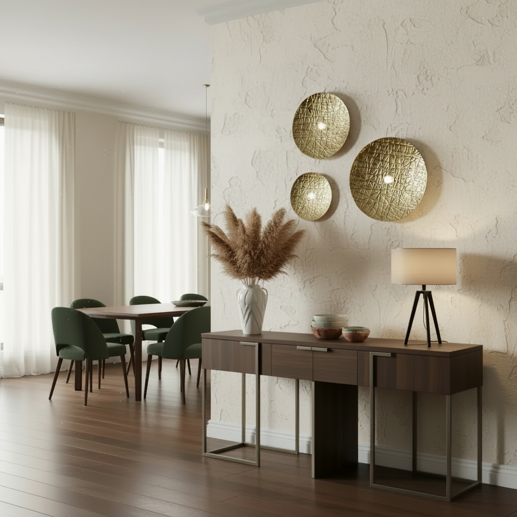 Modern interior with a console table, chairs, and decorative elements.