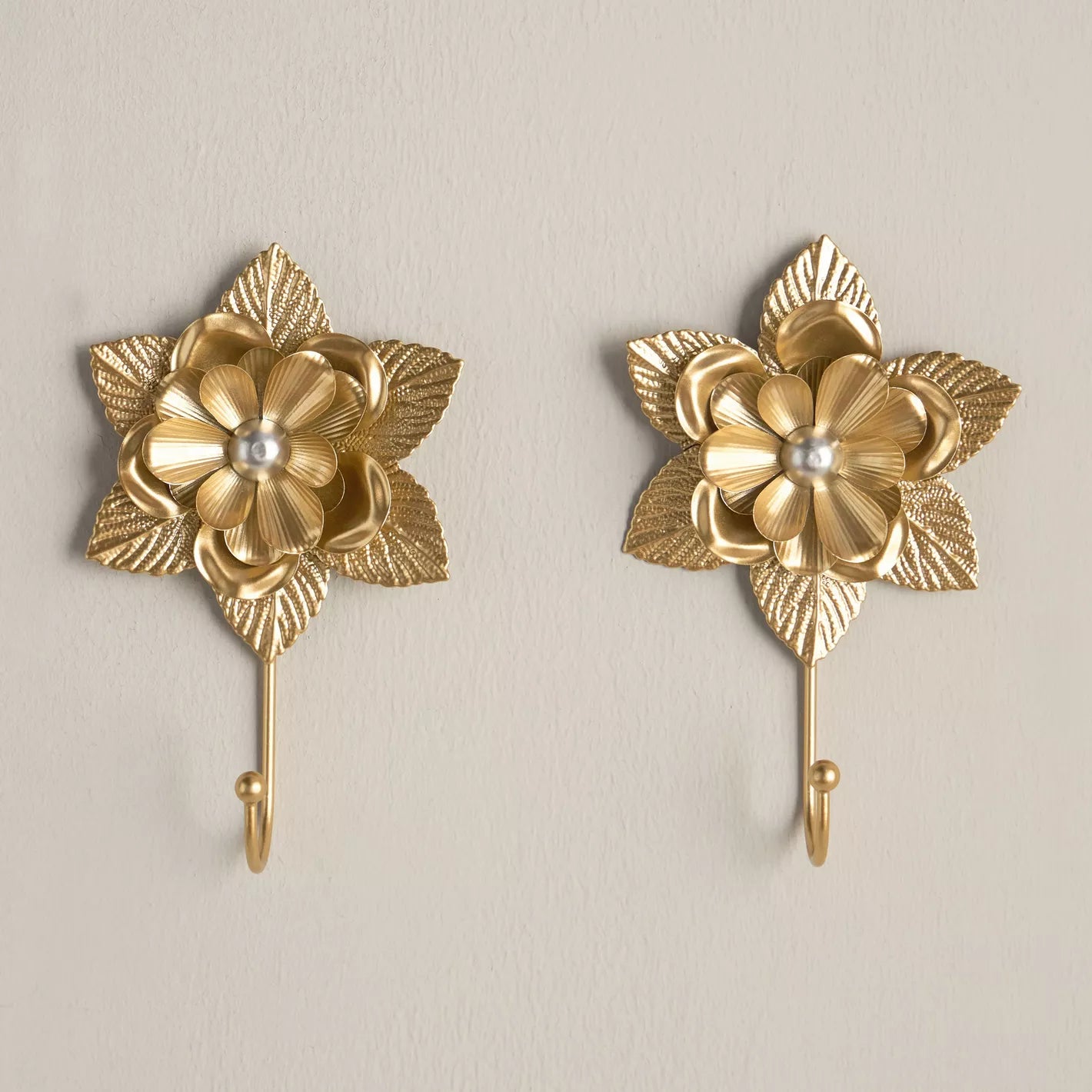 Elegant Golden Floral Wall Hooks - Set of 2