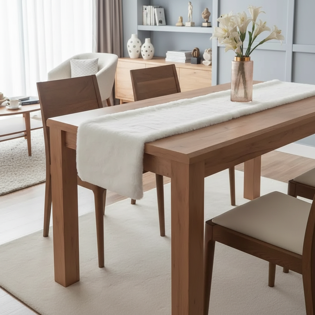 Wooden dining table with chairs in a modern living room setting
