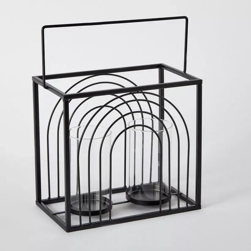 Modern Black Metal Ribbed Candleholder with Glass Votive