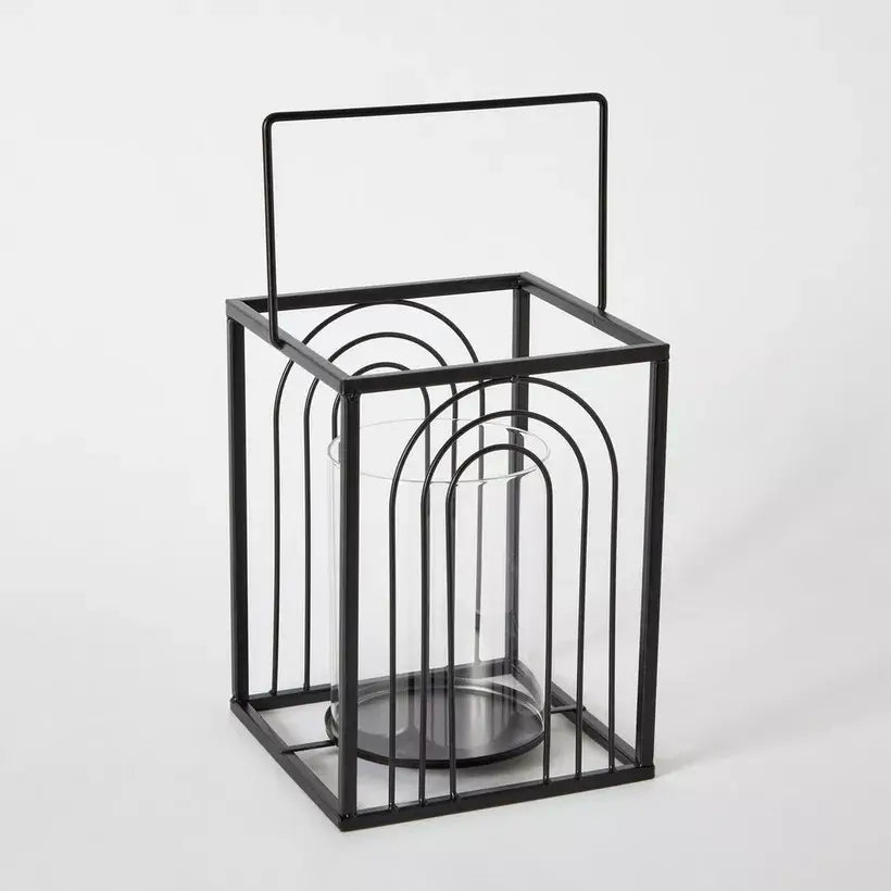 Modern Black Metal Ribbed Candleholder with Glass Votive
