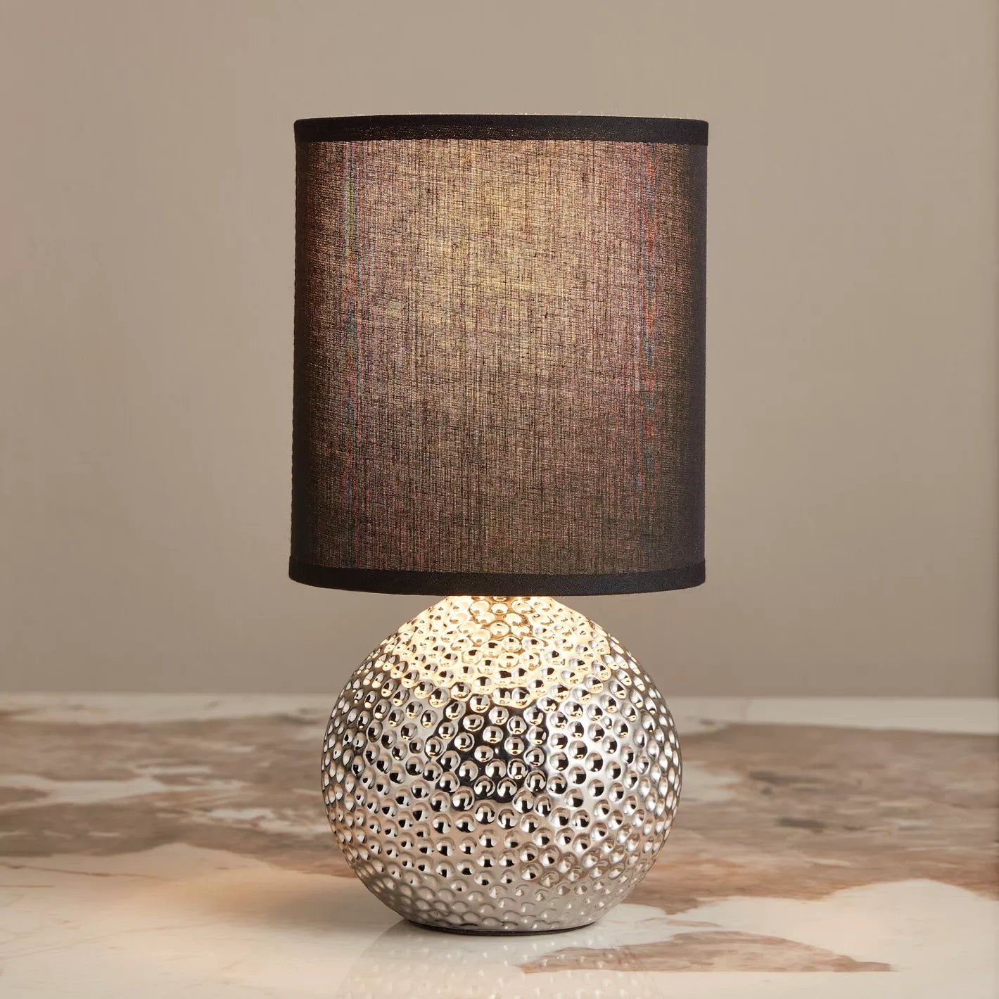 Modern Silver Dimpled Orb Ceramic Table Lamp with Black Shade - 27 cm