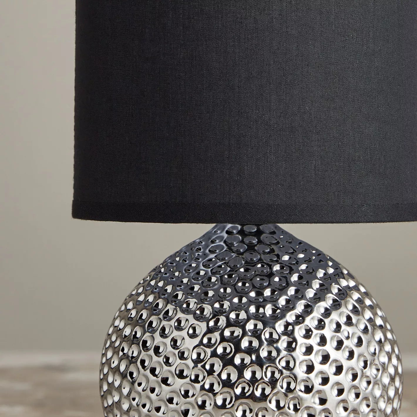 Modern Silver Dimpled Orb Ceramic Table Lamp with Black Shade - 27 cm