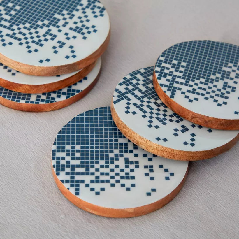 Blue & Grey Abstract Pattern Wooden Coasters (Set of 6)