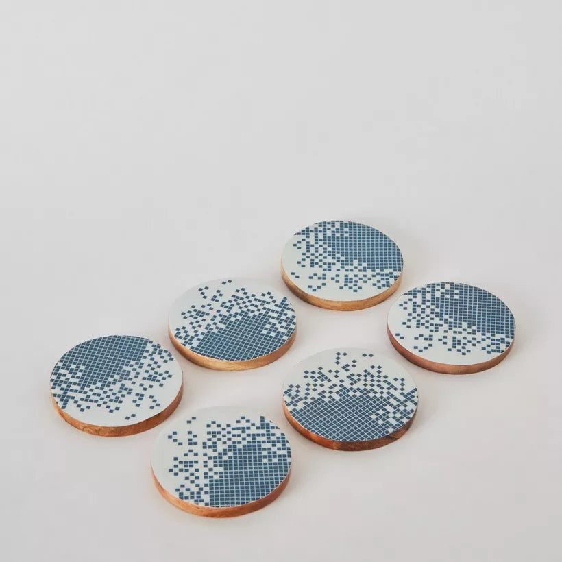 Blue & Grey Abstract Pattern Wooden Coasters (Set of 6)
