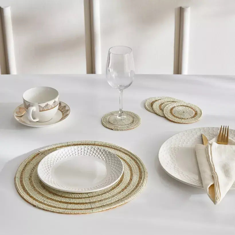 Hand-Beaded Natural & Gold Coasters (Set of 4)