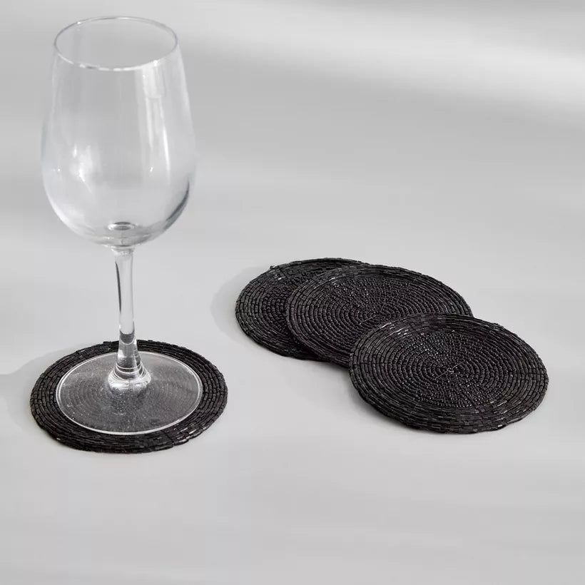 Chic Black Beaded Round Coasters (Set of 4)